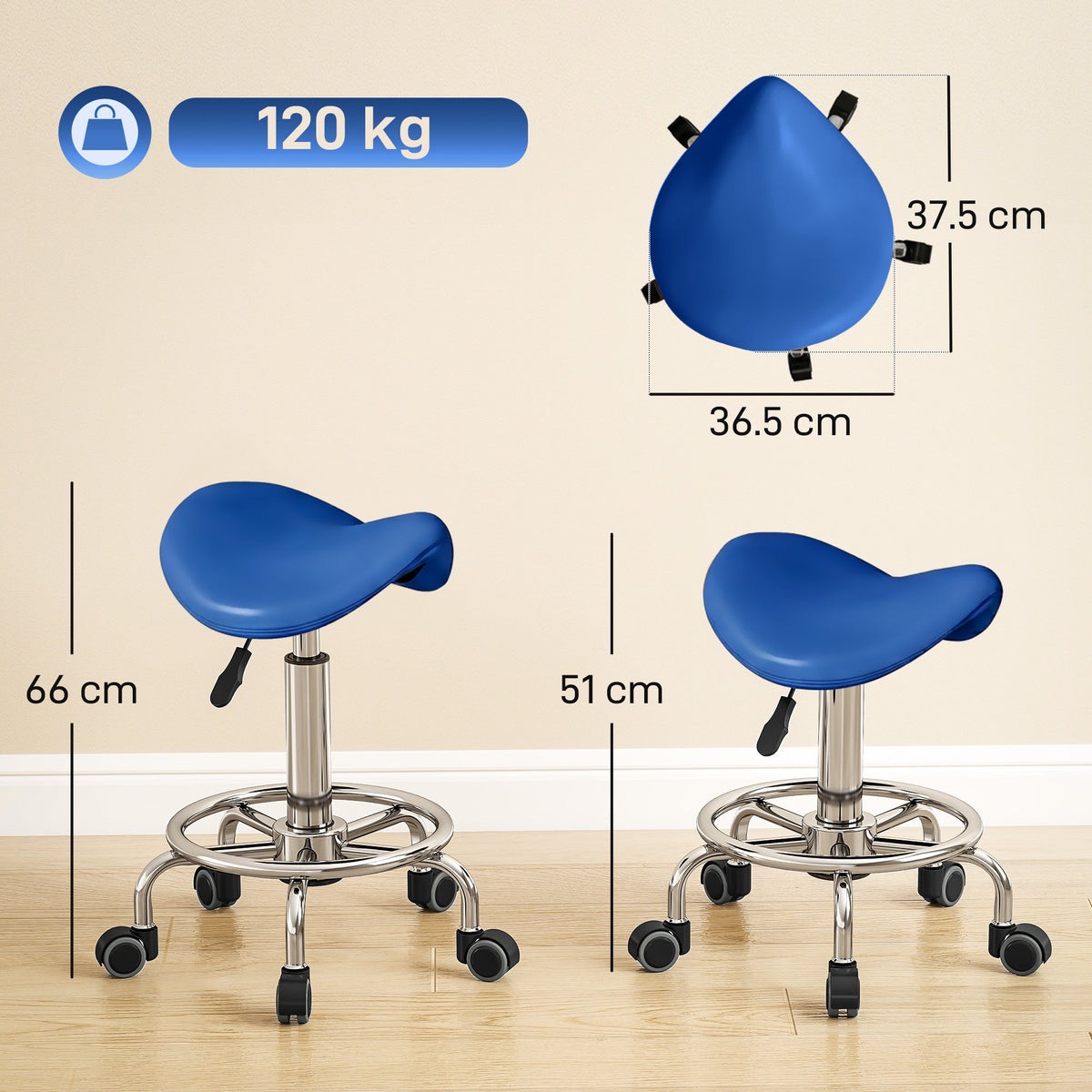 HOMCOM Salon Saddle Stool, Rolling Saddle Chair for Massage, Spa, Clinic, Beauty, Hairdressing and Tattoo, Blue