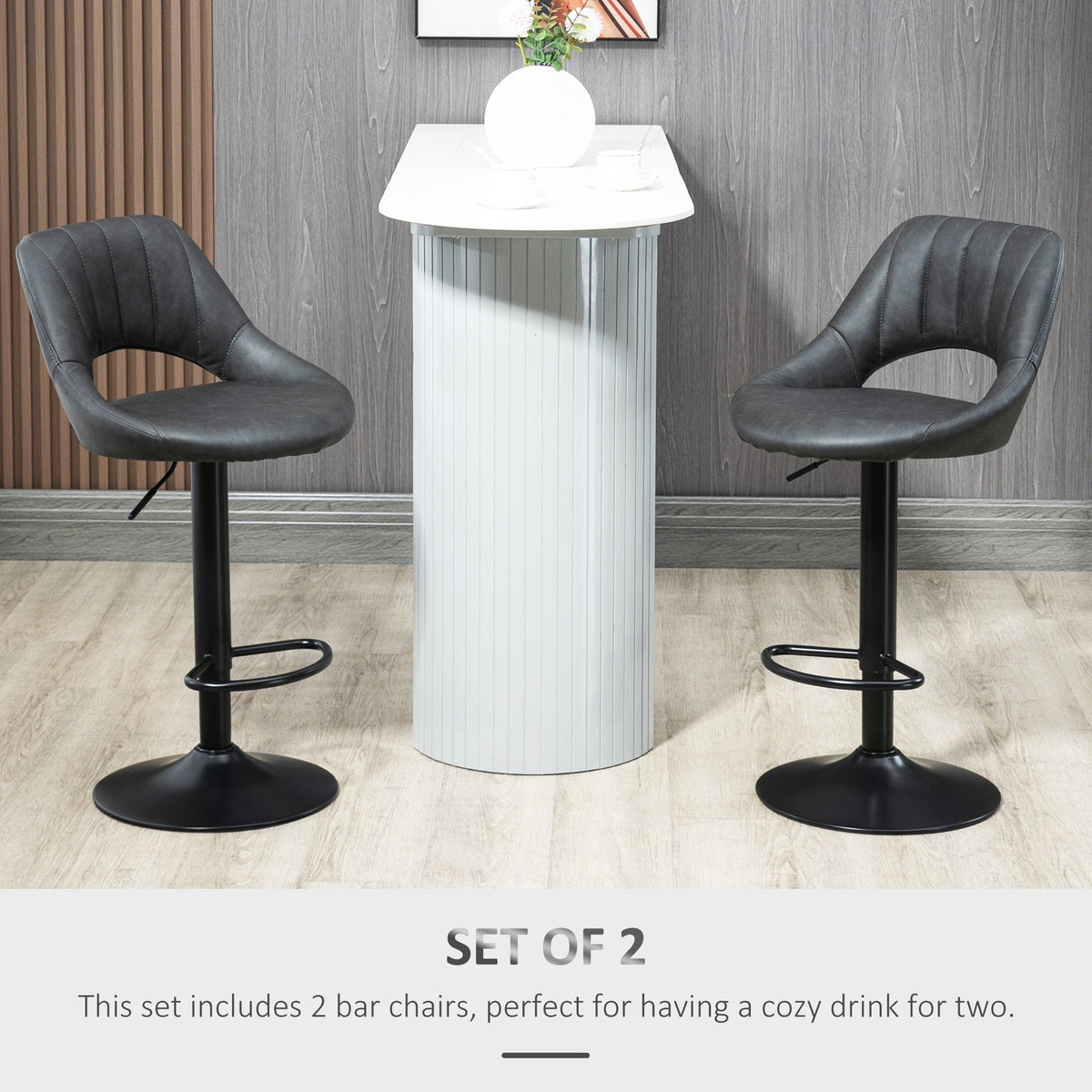 HOMCOM Bar Stools Set of 2, PU Leather Swivel Barstools with Backrest and Footrest for Kitchen, Counter, Breakfast Bar, Grey