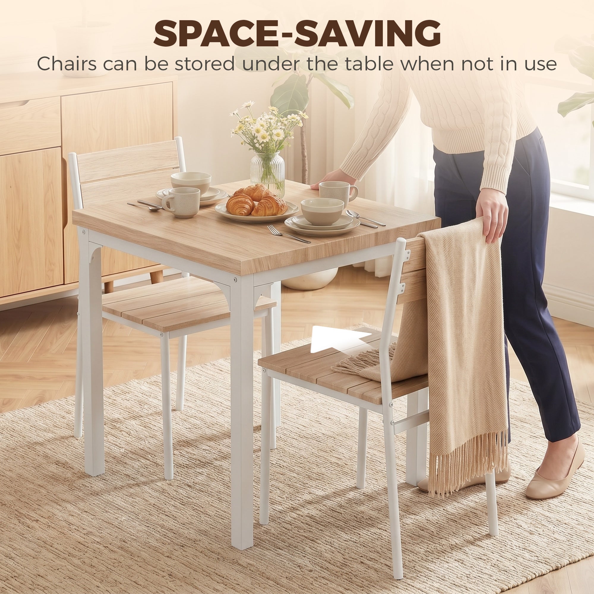 HOMCOM Three-Piece Minimal and Compact Dining Set, Oak Wood Effect