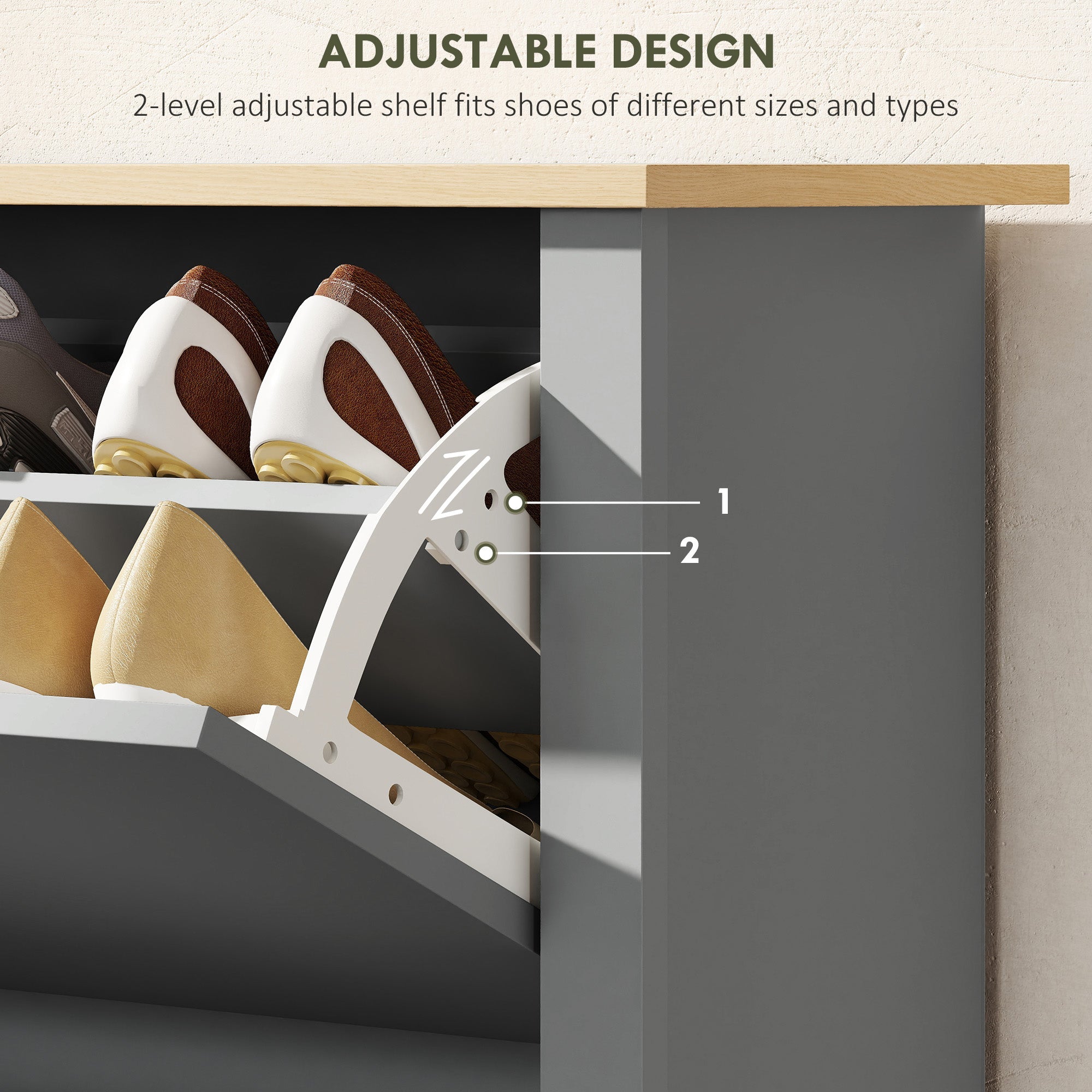 HOMCOM Slim Shoe Cabinet, Narrow Shoe Cupboard with 2 Flip Drawers, Adjustable Shelves for 12 Pairs of Shoes, Light Grey