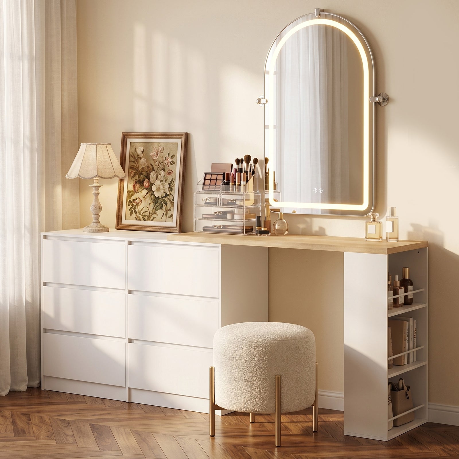 HOMCOM Vanity Table, Dressing Table with 6 Drawers and 3-Tier Shelf for Women and Girls, White