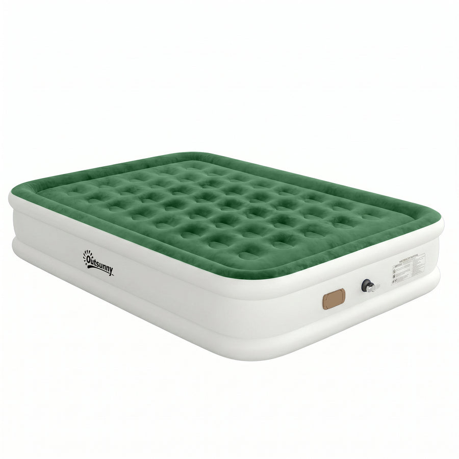 Outsunny Inflatable Mattress, Double Air Bed with Built-in Electric Pump, 3 Mins Inflation, Flocked Surface, Dark Green