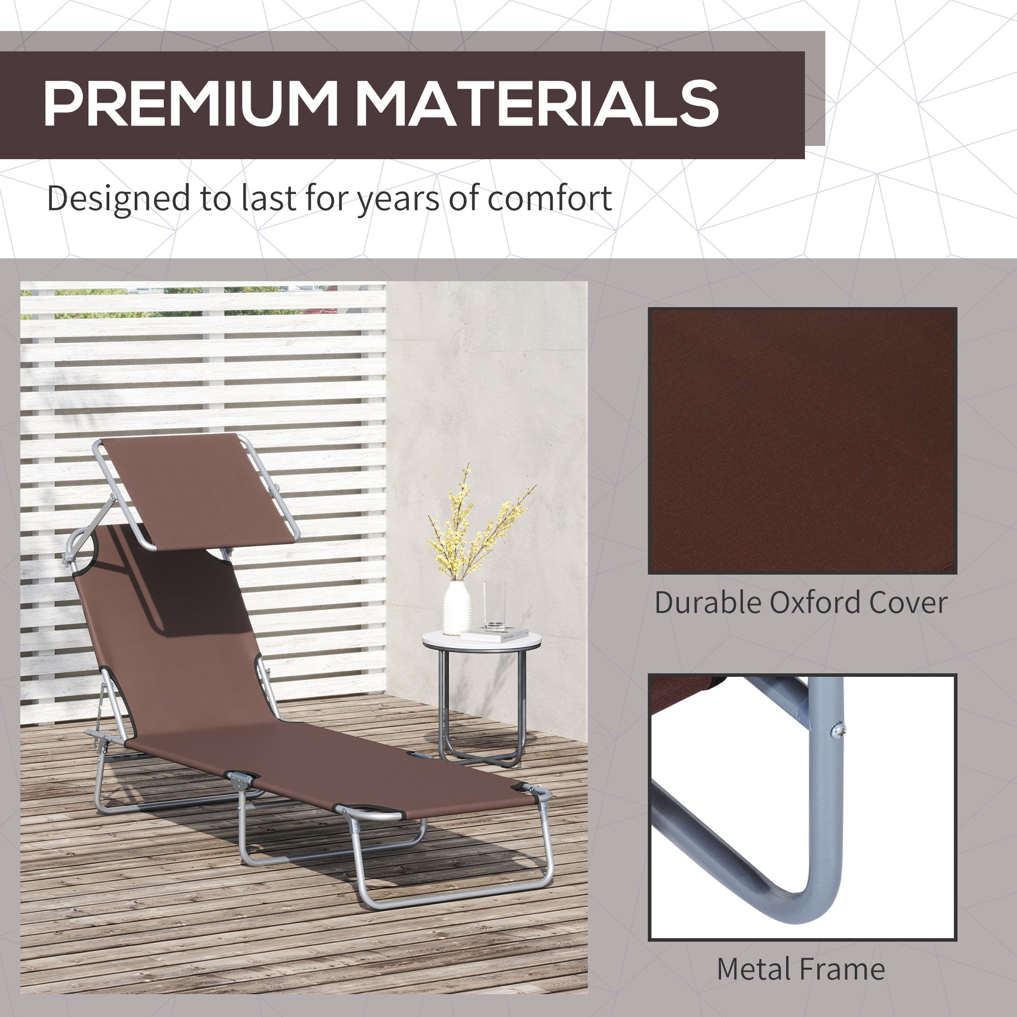 Outsunny Outdoor Foldable Sun Lounger, 4 Level Adjustable Backrest Reclining Sun Lounger Chair with Angle Adjust Sun Shade Awning for Beach, Garden, Patio, Brown