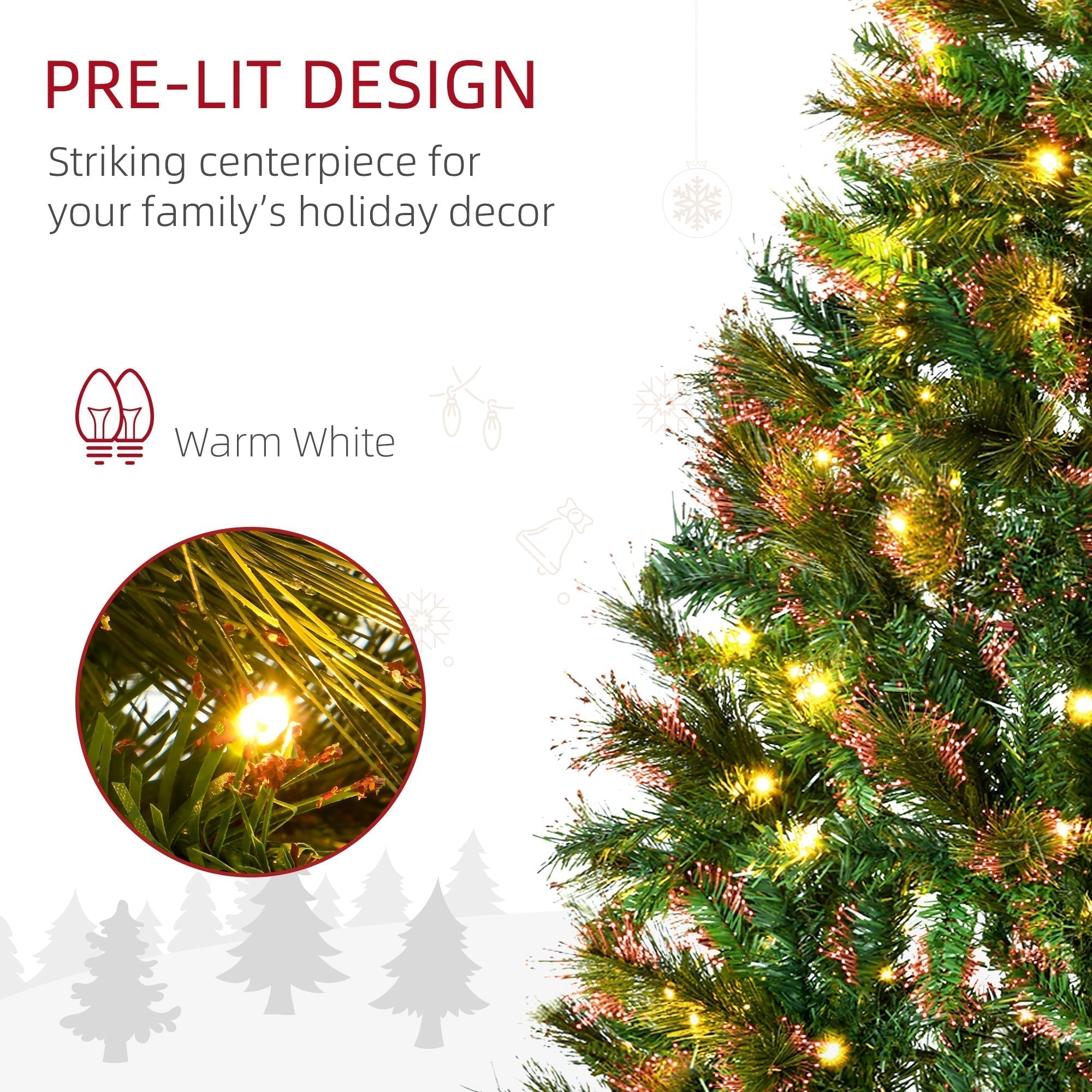 HOMCOM 1.5m 5ft Pre-Lit Christmas Tree Artificial Spruce Xmas Tree Warm White LED Holiday Decor with Metal Stand