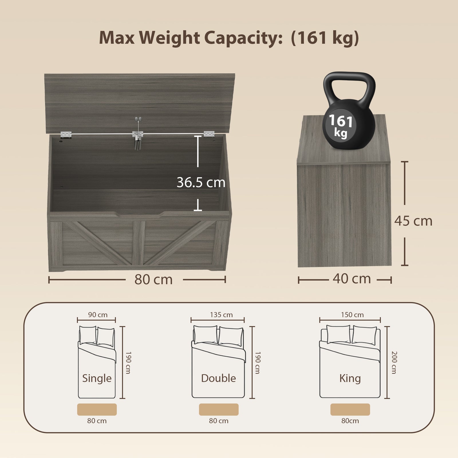 HOMCOM 100L Home Storage Box, with Safety Hinge - Dark Grey Wood-Effect