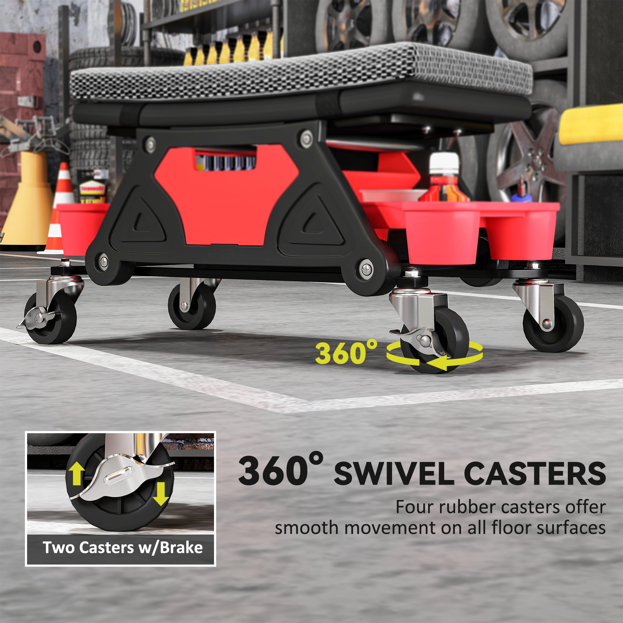 HOMCOM Rolling Mechanic Stool, 135kg Capacity Workshop Stool, 360√Ç¬∞ Swivel Roller Padded Creeper Seat with Wheels, Slide Out Tool Trays and Drawer for Garage, Shop, Auto Repair, Black