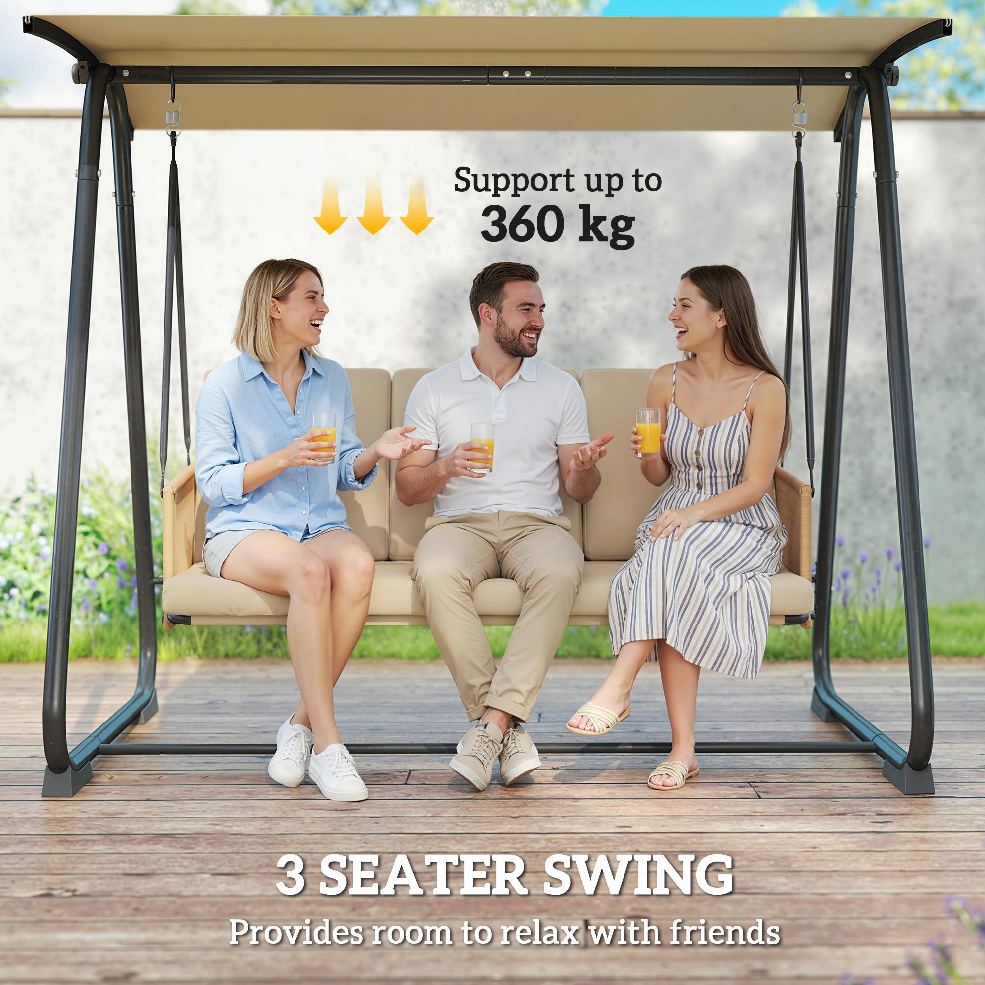 Outsunny 3 Seater Swing Chair with Adjustable Canopy, 360 kg Garden Swing Seat Outdoor Hammock Bench with Cushions, Sand Brown