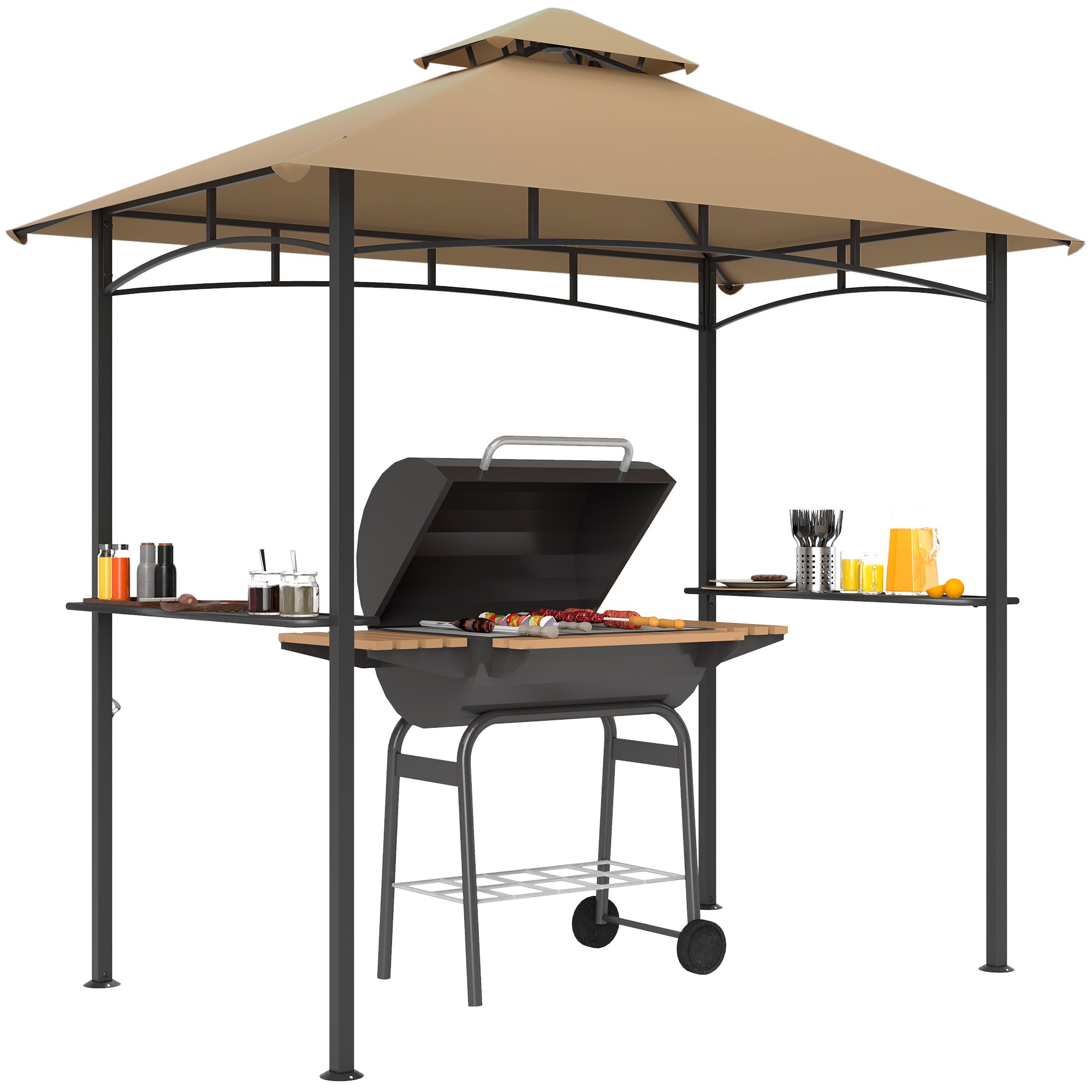 Outsunny 2.5x1.5m (8'x5') Grill Gazebo Canopy, Double Tiered Outdoor BBQ Gazebo Shelter with 2 Side Shelves for Garden, Patio, Barbecue, Picnic, Khaki