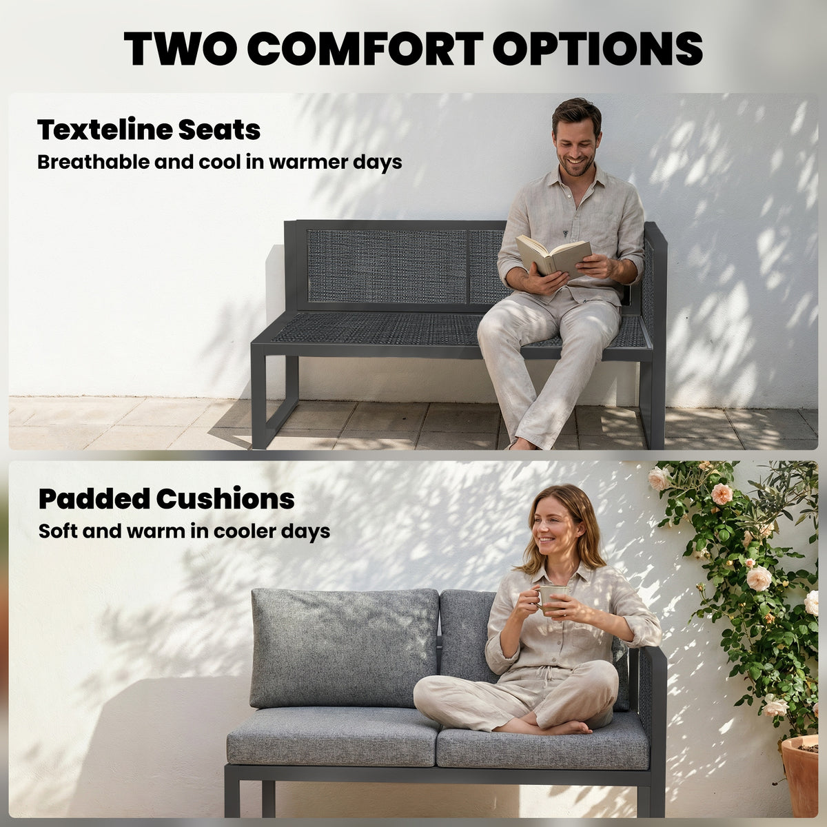 Outsunny 6 Seater Metal Garden Furniture Corner Sofa Set with 3 Loveseats, Faux Wood Table, Texteline Seat, Cushions, Dark Grey