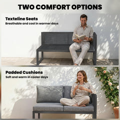 Outsunny 6 Seater Metal Garden Furniture Corner Sofa Set with 3 Loveseats, Faux Wood Table, Texteline Seat, Cushions, Dark Grey