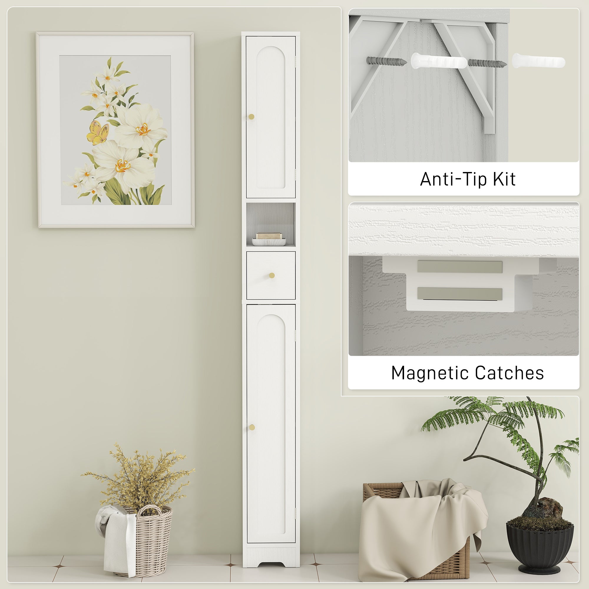 HOMCOM 185 cm Tall Bathroom Cabinet with Arched Doors - White