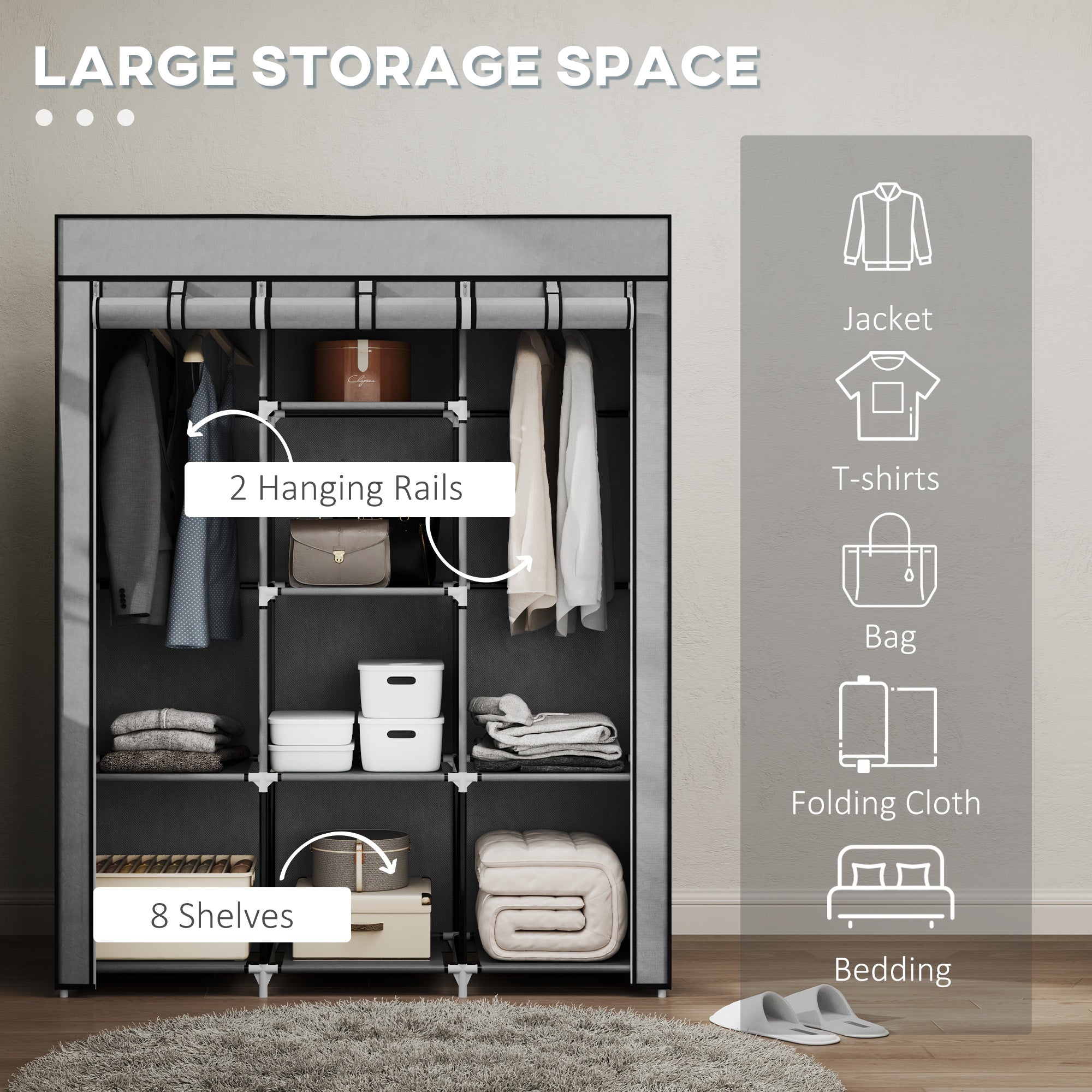 HOMCOM Fabric Wardrobe, with Rails and Shelves - Light Grey