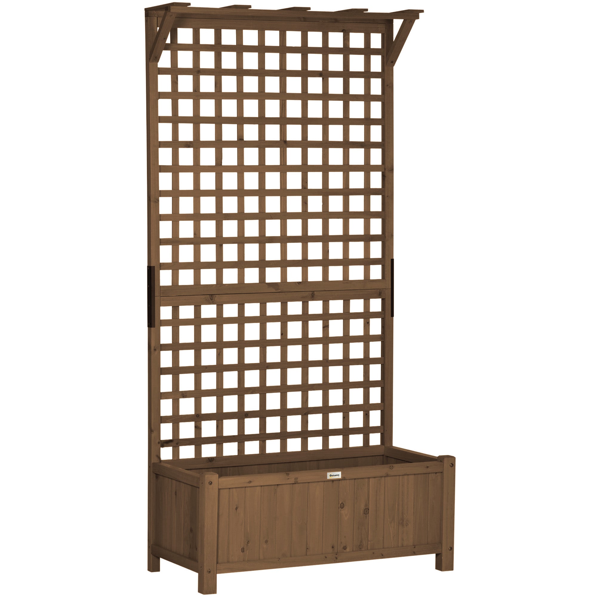Outsunny Raised Bed with Drainage Holes, Wood Planter with Trellis for Climbing Plants to Grow Vegetables, Flowers, Brown