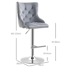 HOMCOM Bar Stools Set of 2, Modern Swivel & Adjustable Velvet Barstools with Button Tufted Back, Footrest, Nailhead Trim for Home Bar, Grey