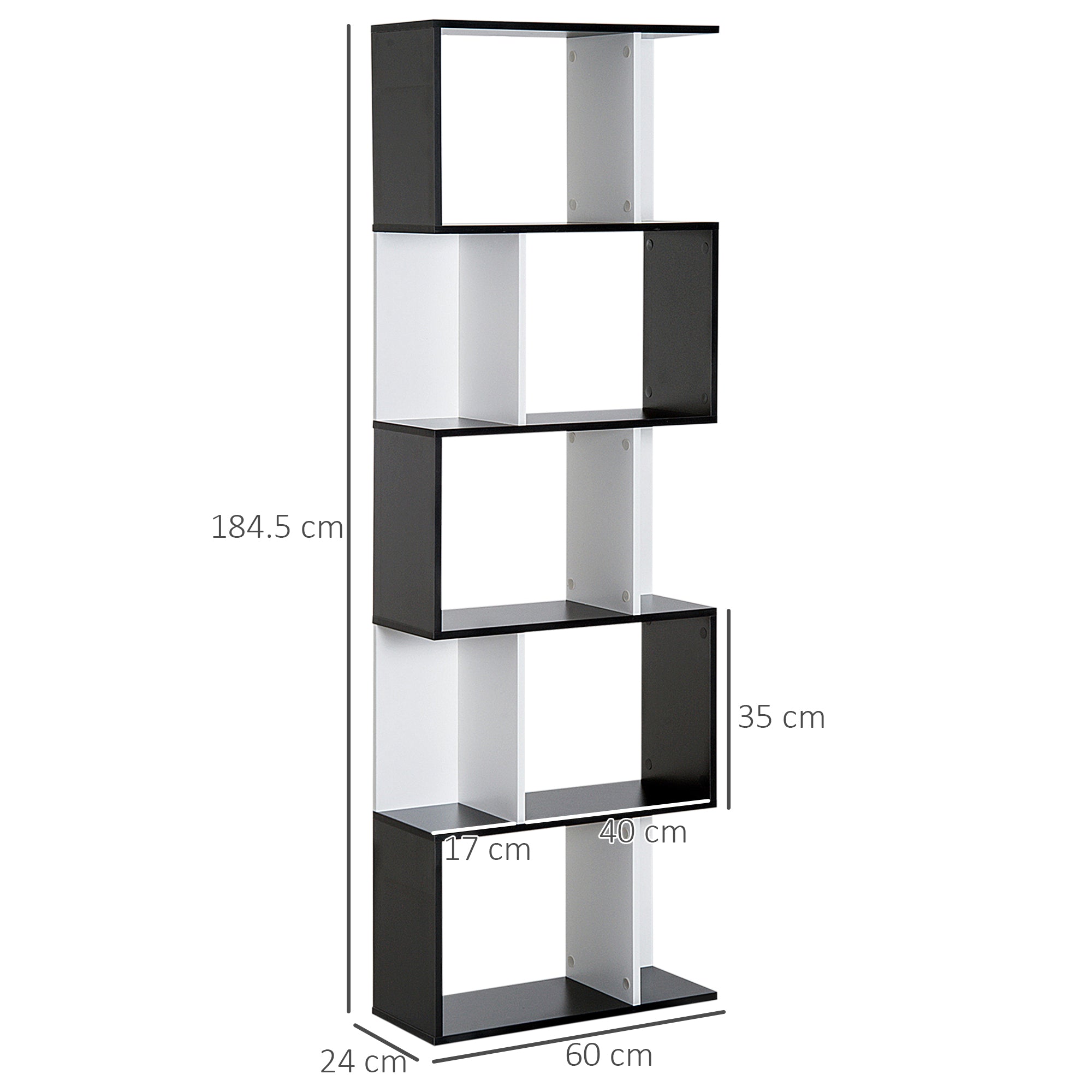 HOMCOM Bookcase, S-Shaped Wooden Bookshelf, 5/6 Tiers Freestanding Storage Shelf, Home Office Decorative Display Stand Rack, Black and White, 24D x 60W x 184.5H