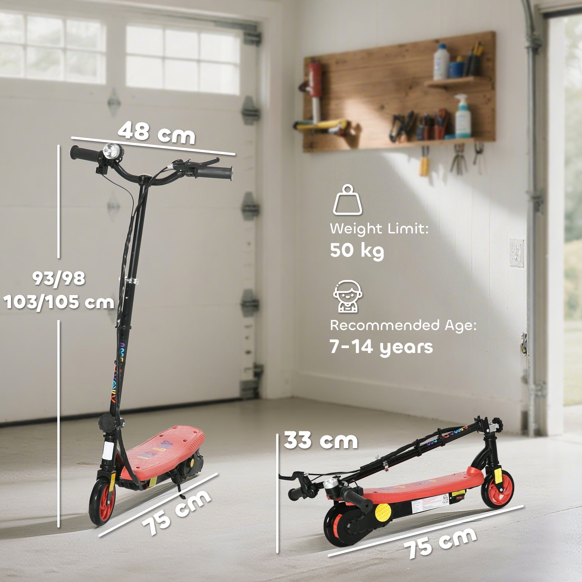 HOMCOM Foldable Electric Scooter, with LED Headlights, for Ages 7-14 Years, Red
