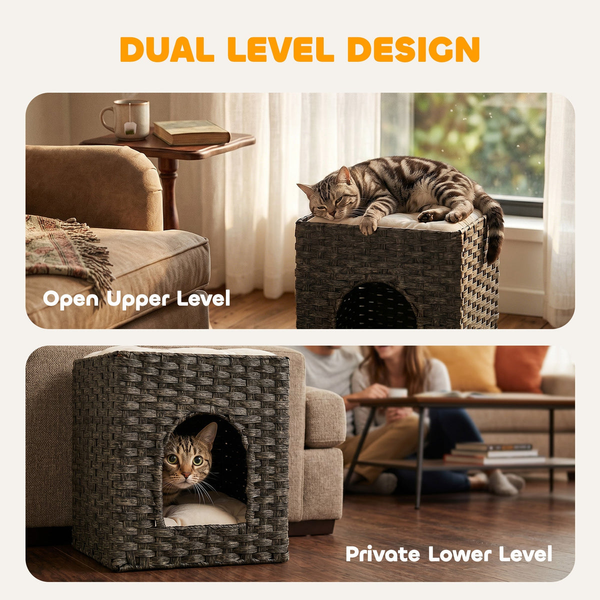 PawHut 2-Tier Wicker Cat House, Handwoven Rattan Cat Bed with Washable Cushions, Indoor Kitten Condo Hideaway