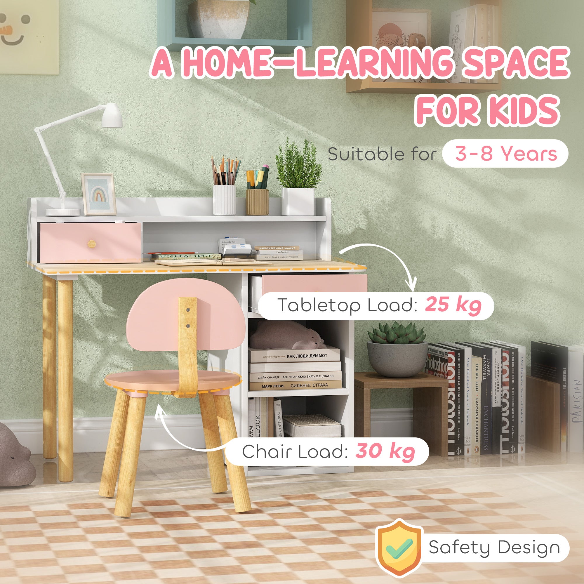 AIYAPLAY 2 Pieces Children Study Table with Hutch, Kids Desk and Chair Set with Storage, Drawer, Shelves, Pink