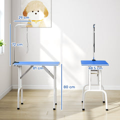 PawHut 32" Foldable Dog Grooming Table Pet Drying Beauty Table Adjustable Fixed Arm Rubber Top, Blue