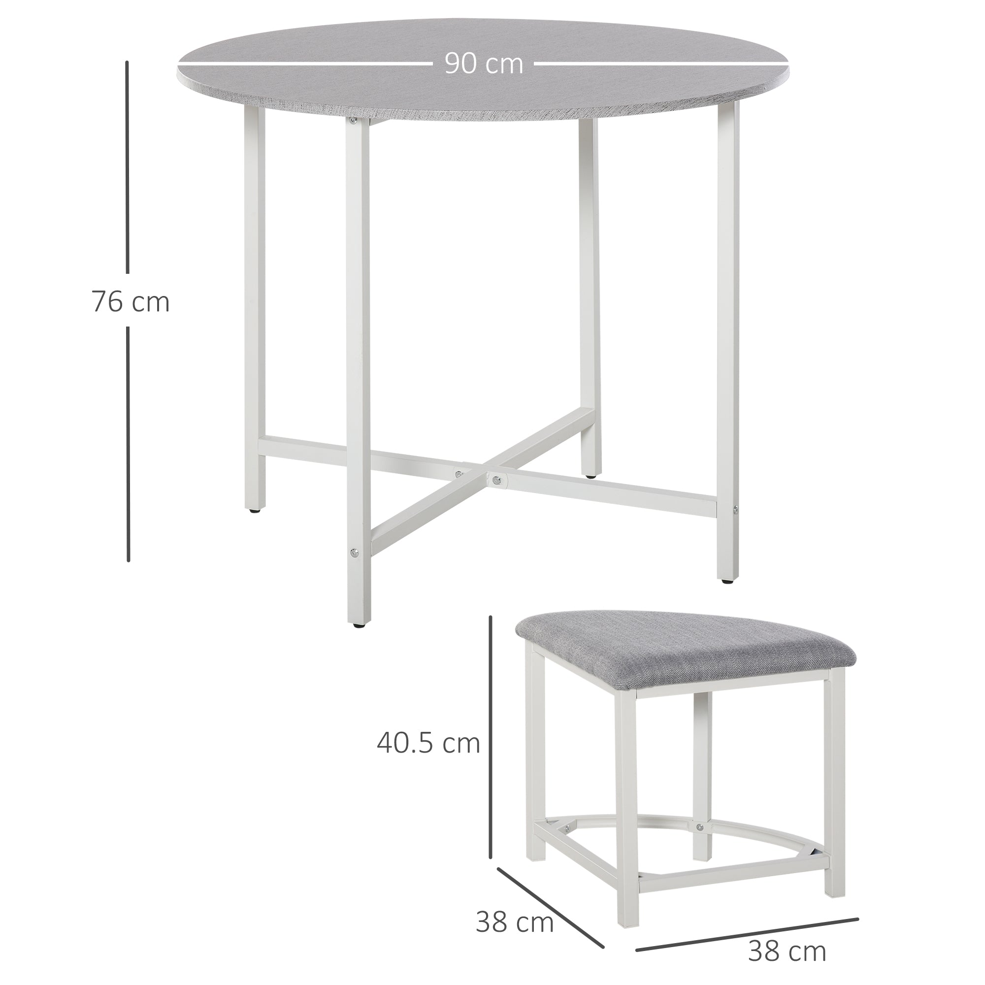 HOMCOM Modern Round Dining Table Set with 4 Upholstered Stools for Dining Room, Kitchen, Grey