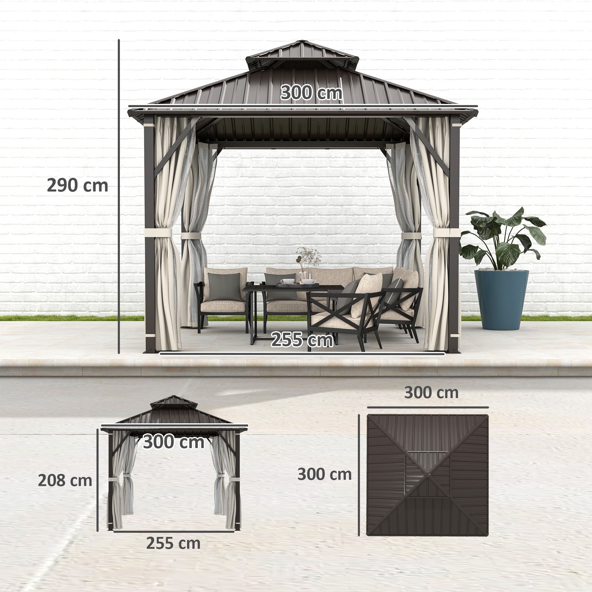 Outsunny 3 x 3(m) Hardtop Gazebo Canopy with Double Metal Roof, Waterproof Permanent Pavilion Garden Gazebo with Netting and Curtains, Easy to Assemble