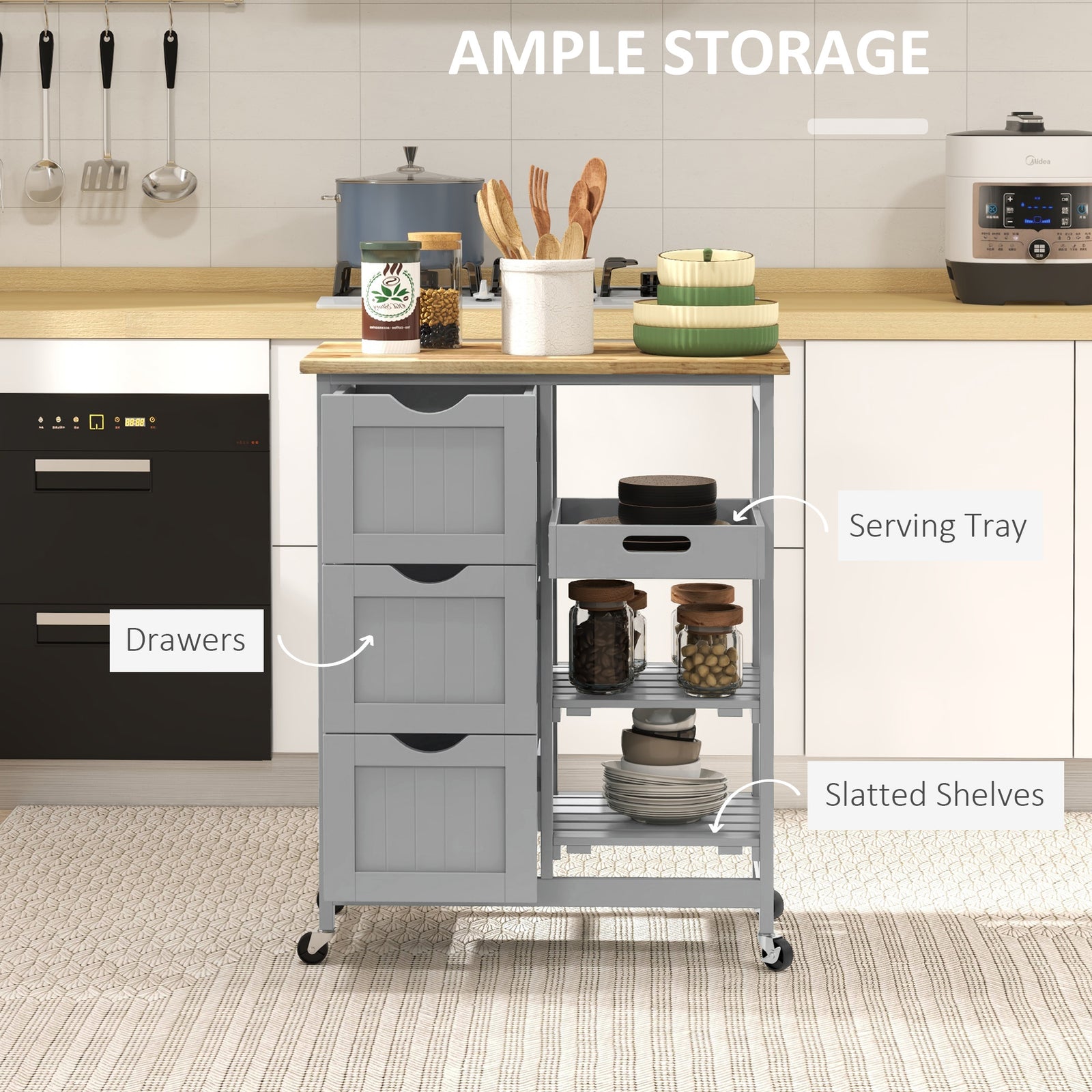HOMCOM Rolling Kitchen Island Cart, Bar Serving Cart, Compact Trolley on Wheels with Wood Top, Shelves & Drawers, Grey
