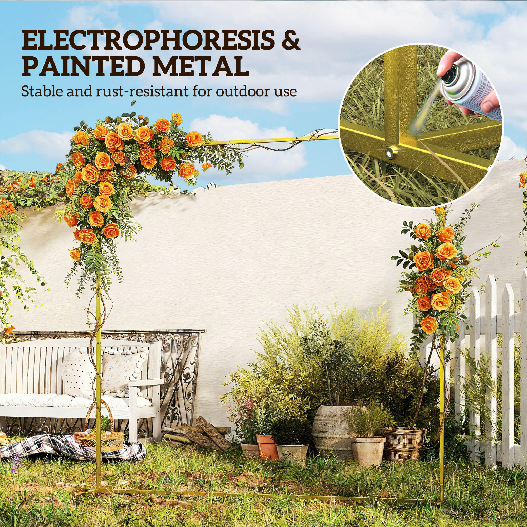 Outsunny Wedding Arch Backdrop Stand, Square Metal Arch Frame with U-shaped Stakes, Gold Wedding Arch, 6.6 FT