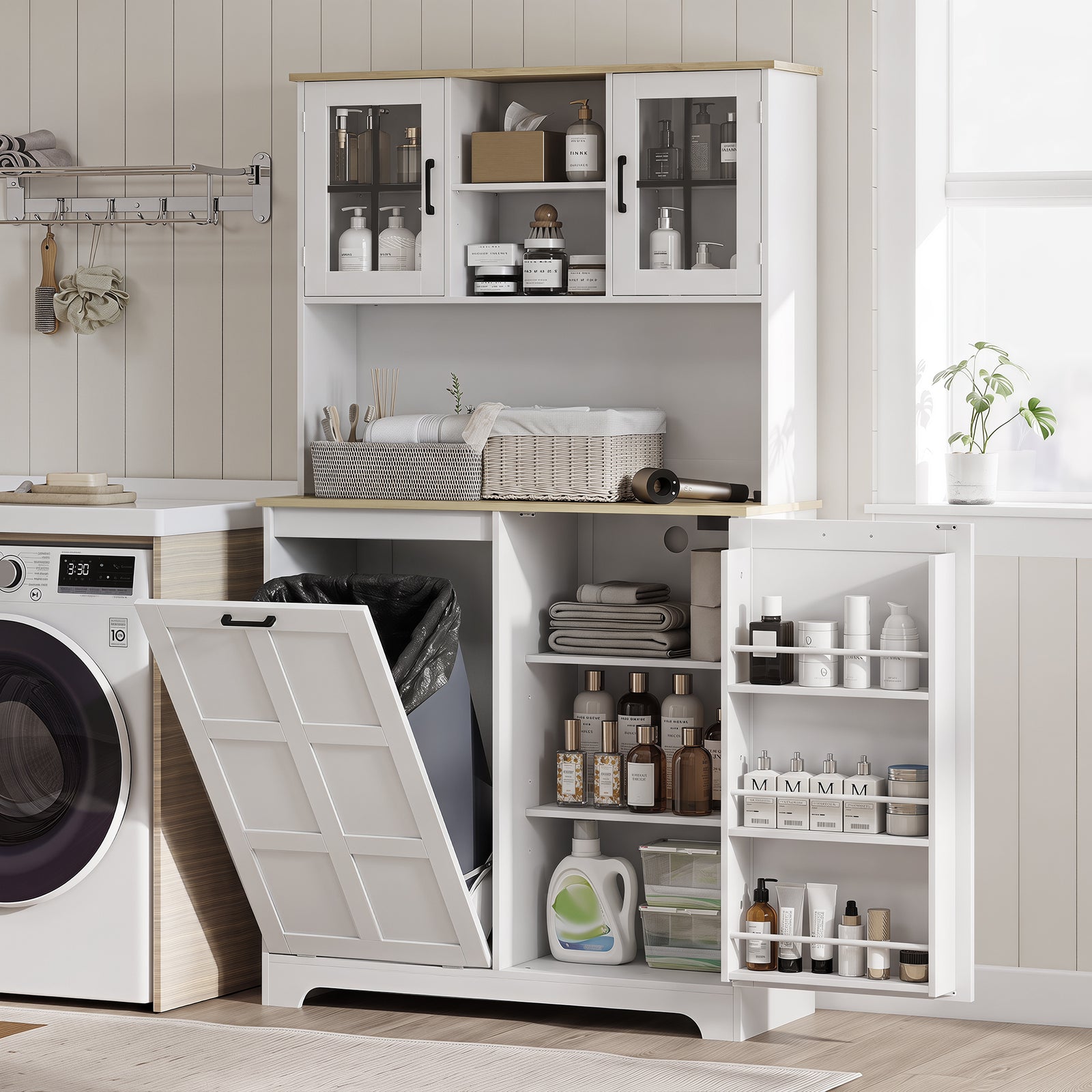 HOMCOM 175cm Tall Kitchen Cabinet, Kitchen Cupboard with Rubbish Bin Cabinet, 3 Door Shelves and 2 Acrylic Doors, White