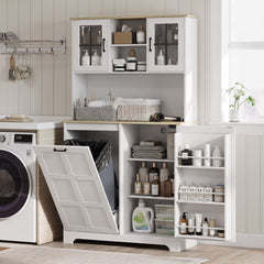 HOMCOM 175cm Tall Kitchen Cabinet, Kitchen Cupboard with Rubbish Bin Cabinet, 3 Door Shelves and 2 Acrylic Doors, White