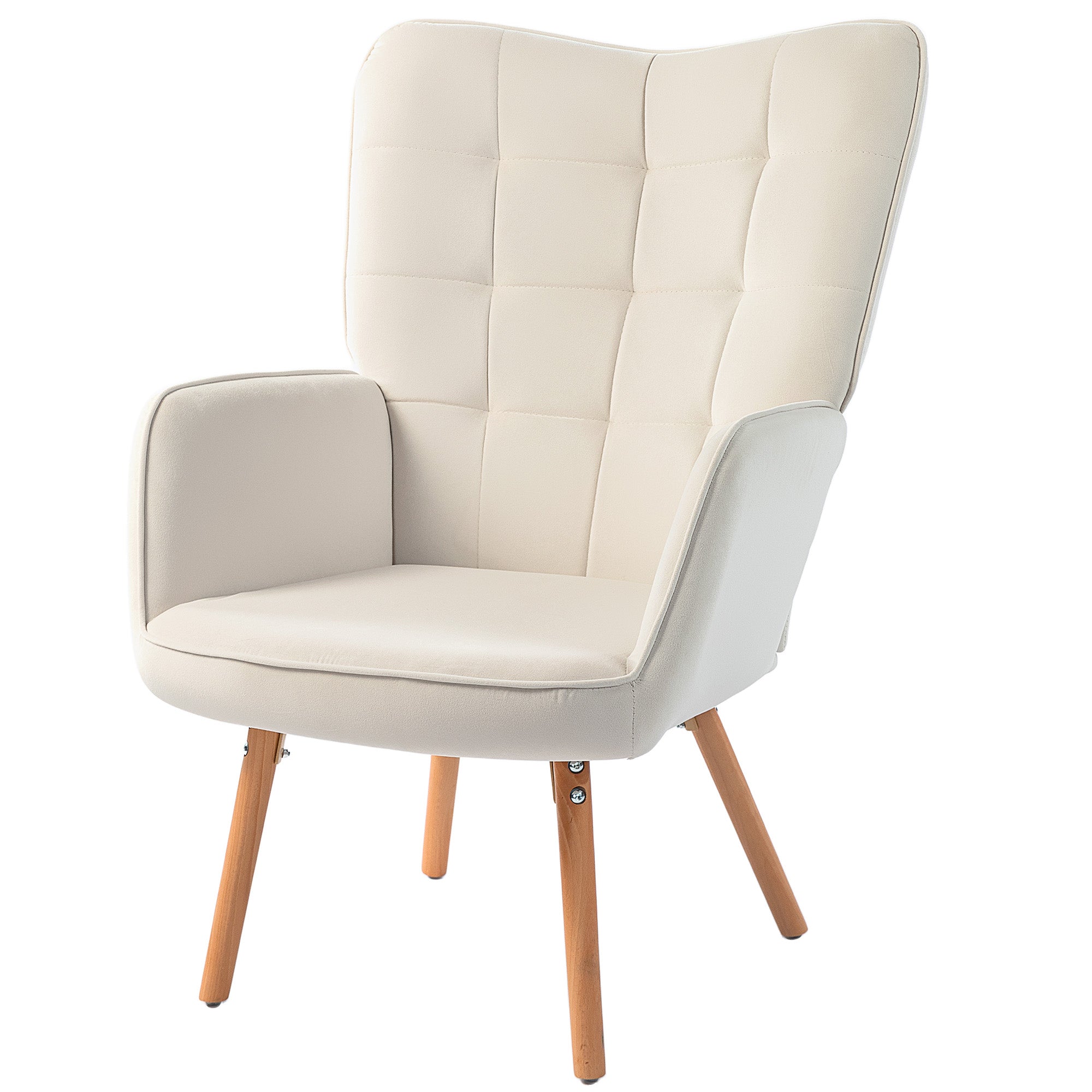 HOMCOM Modern Accent Chair, Upholstered Tufted Wingback Armchair with Seat Padding, Velvet Leisure Lounge Bedroom Chair with Wood Legs, Cream White