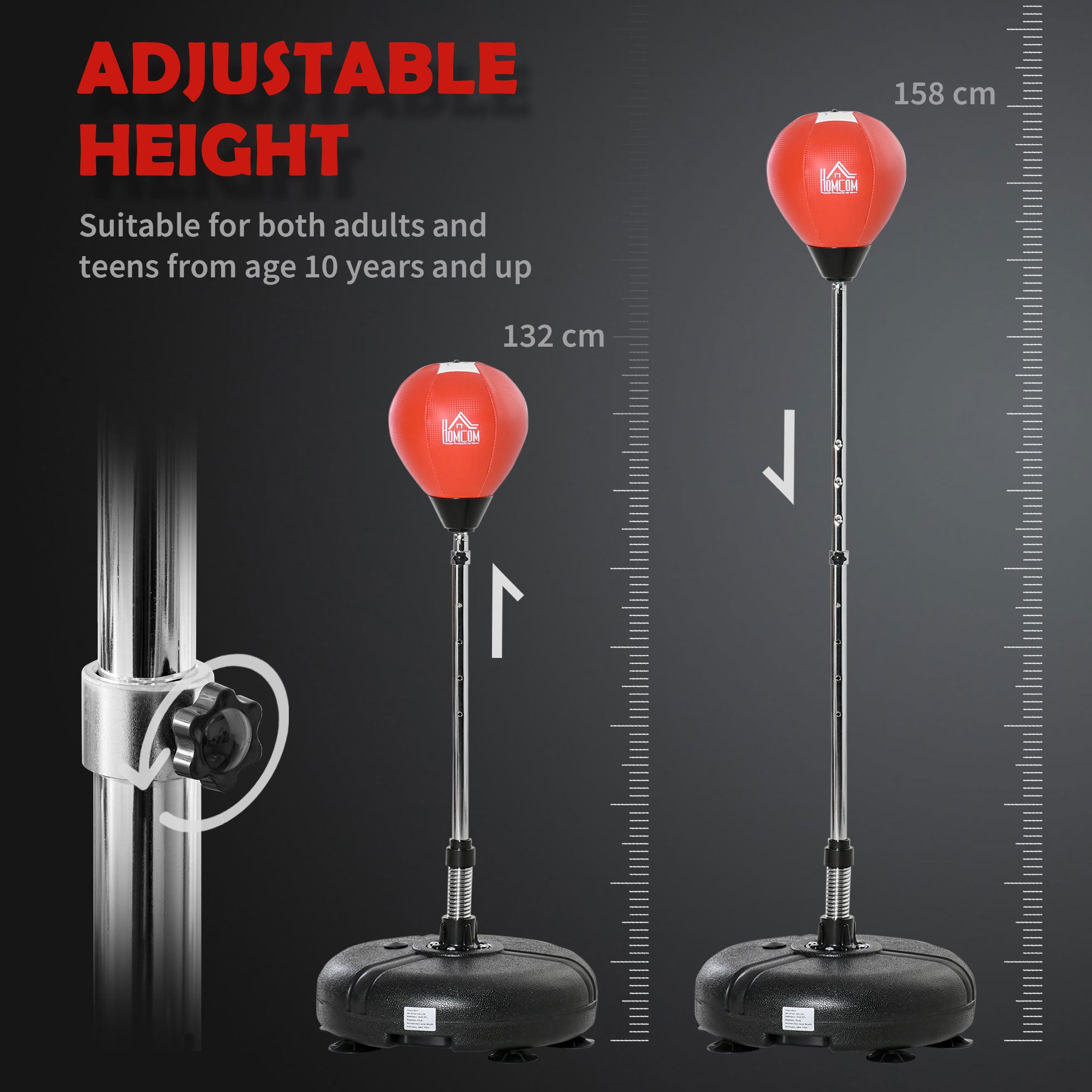HOMCOM Punching Bag with Stand, 132-158cm Adjustable Height, for Teens, Red/Black