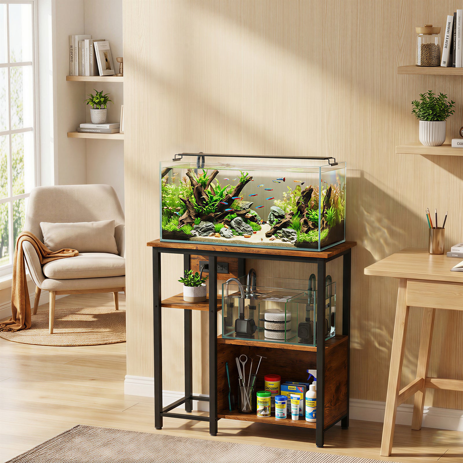 PawHut Fish Tank Stand with Power Outlets Aquarium Stand with Cabinet 20-29 Gallon Tanks Tiger Wood Grain