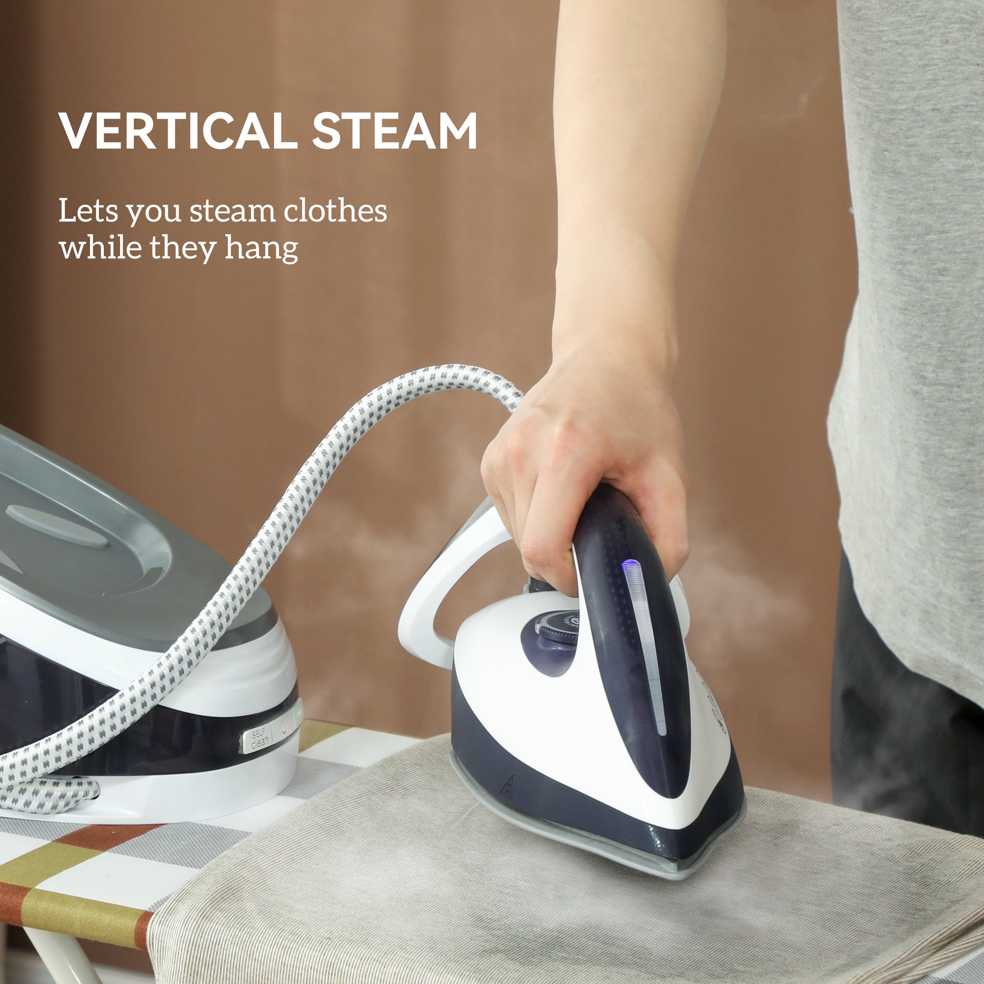 HOMCOM Steam Generator Iron with ECO Mode, Self-Cleaning, Powerful Vertical Steam, Automatic Shut-Off, Ceramic Non-stick Soleplate, Large 1.5L Detachable Water Tank, 8 Bar, 2600W, Blue