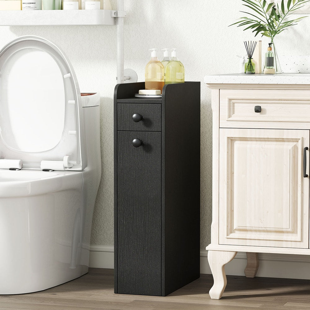 The floor cabinet placed in a narrow gap between a toilet and a vanity unit
