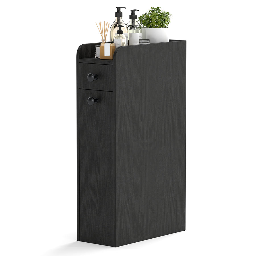 Narrow Bathroom Storage Cabinet with Slide-Out Drawer-Black