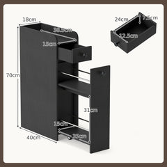 The floor cabinet with arrows indicating the dimensions of the unit and drawer
