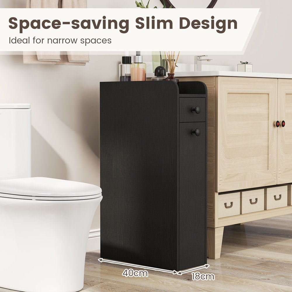 The floor cabinet in a bathroom with text highlighting the slim design