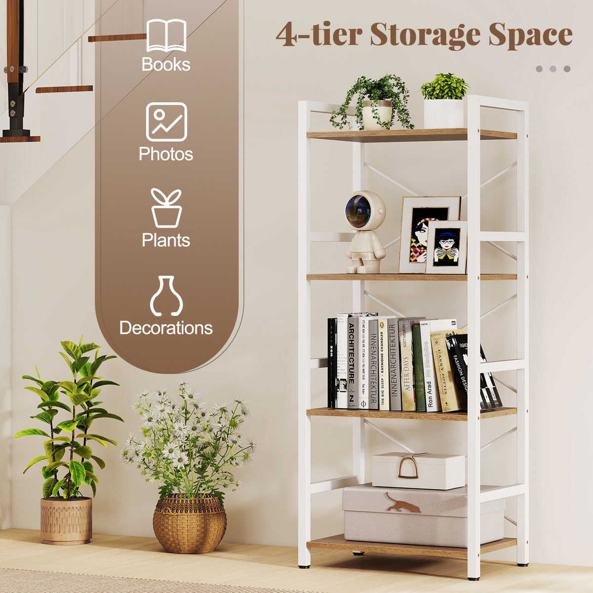 Narrow Bookshelf 4-Tier Freestanding Bookcase with Heavy-duty Metal Frame-Natural