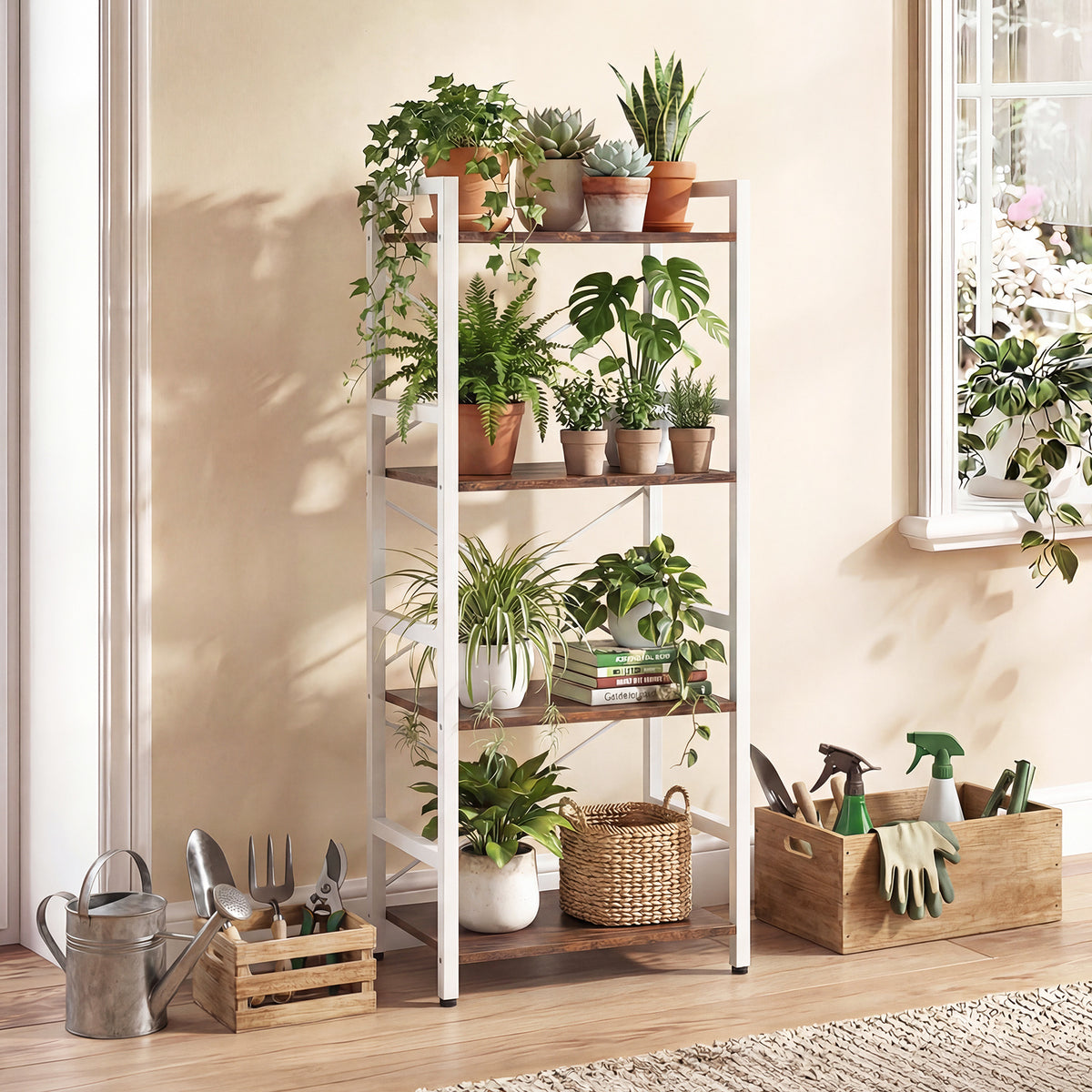 Narrow Bookshelf 4-Tier Freestanding Bookcase with Heavy-duty Metal Frame-Natural