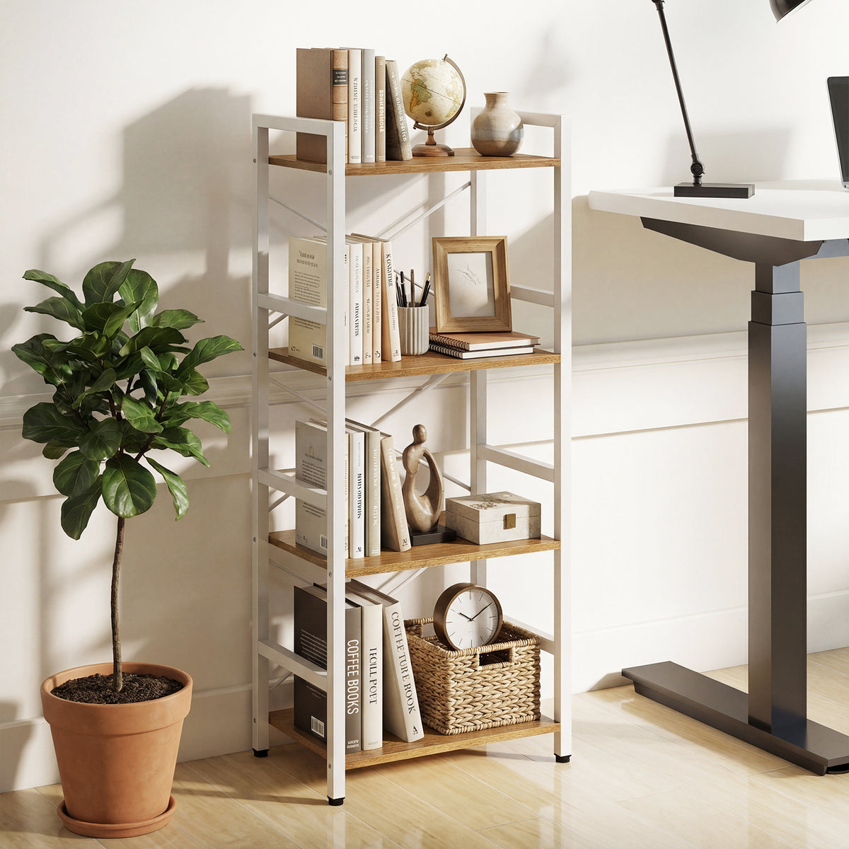 Narrow Bookshelf 4-Tier Freestanding Bookcase with Heavy-duty Metal Frame-Natural
