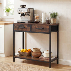 Narrow Console Table w/2 Fabric Drawers Open Compartment and Anti-Tipping Device-Rustic Brown