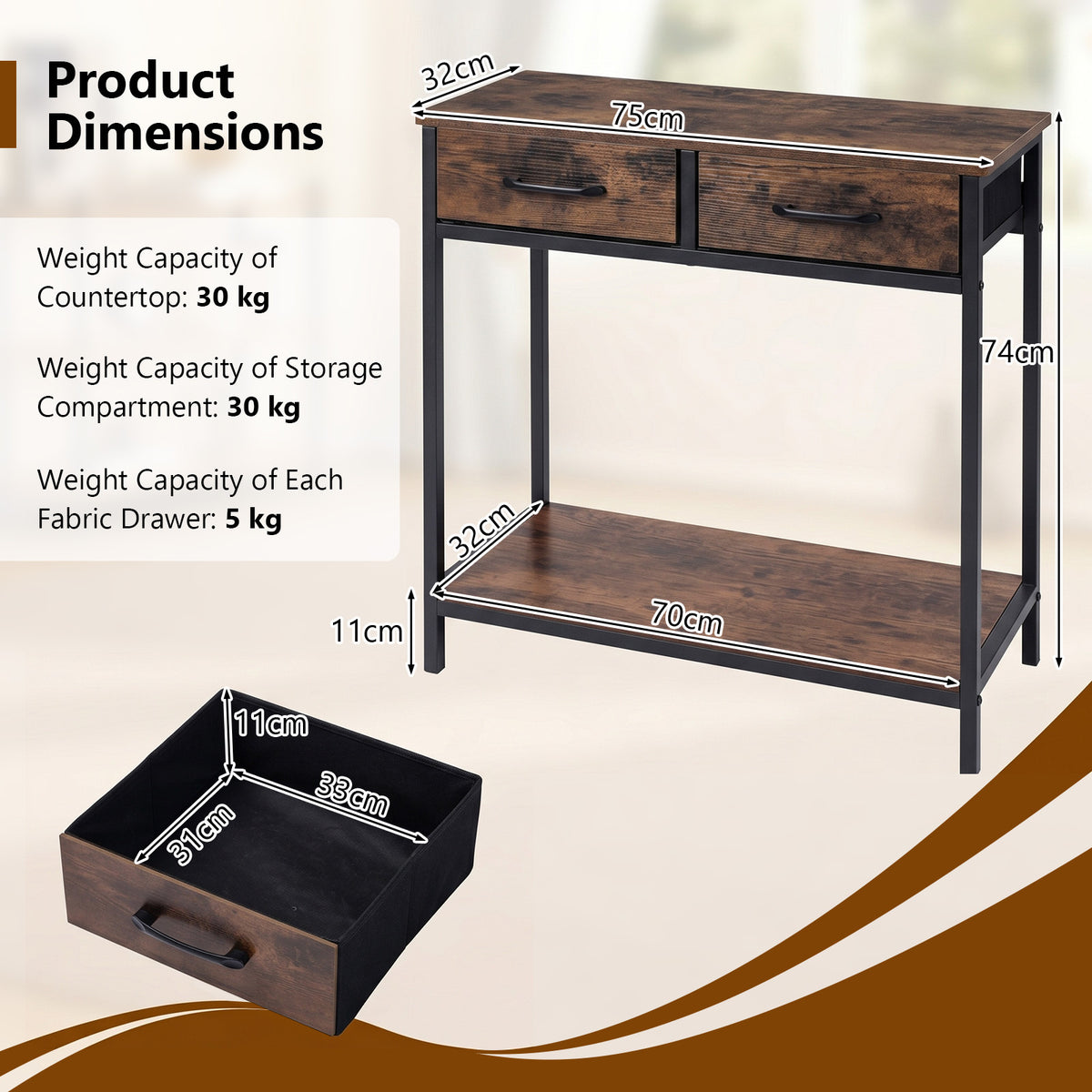 Narrow Console Table w/2 Fabric Drawers Open Compartment and Anti-Tipping Device-Rustic Brown