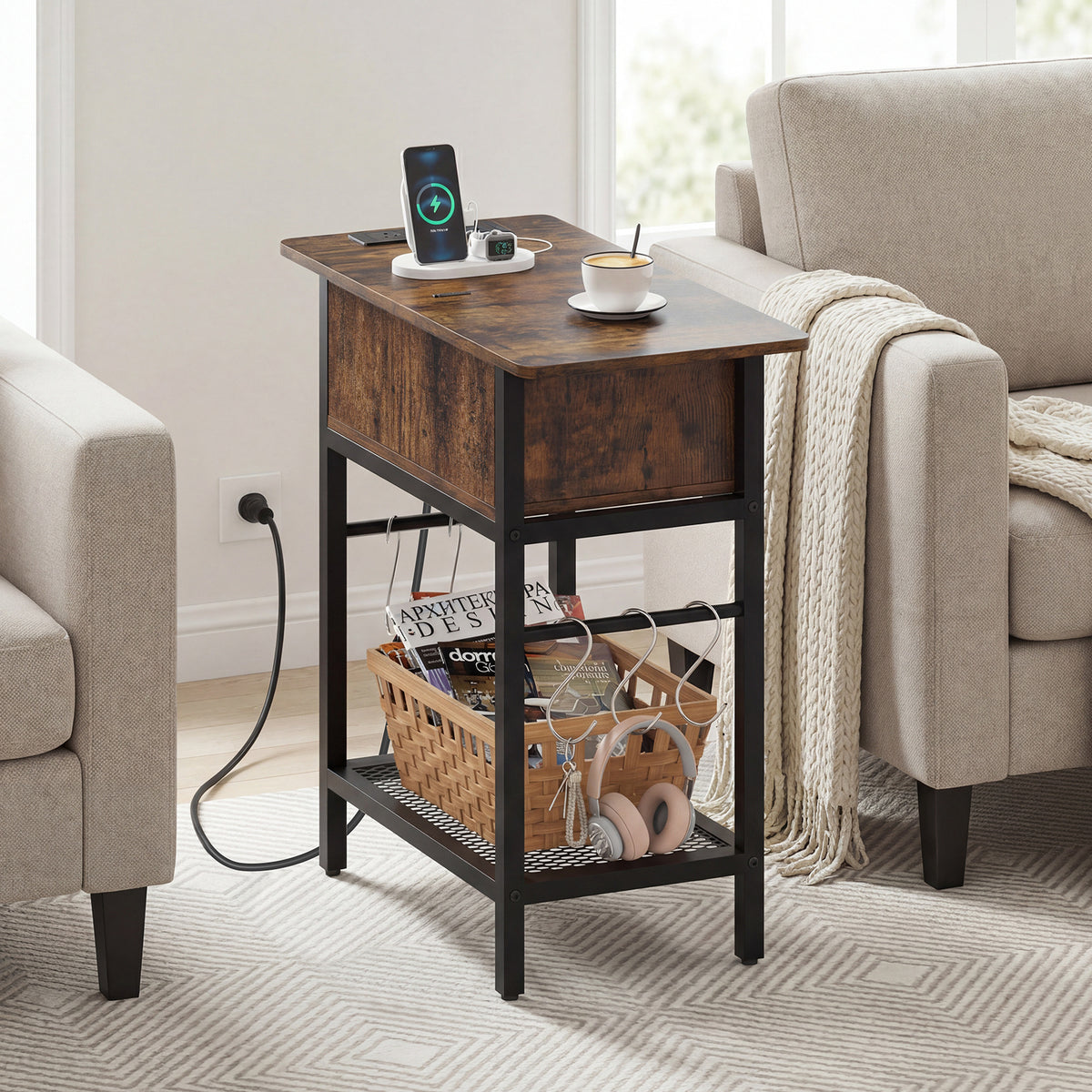Narrow End Table Skinny Sofa Side Table for Small Space-Rustic Brown