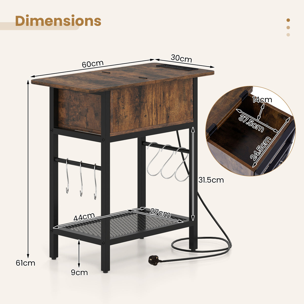 Narrow End Table Skinny Sofa Side Table for Small Space-Rustic Brown