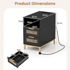 Narrow End Table with Charging Station and 2 Drawers for Bedroom-Black