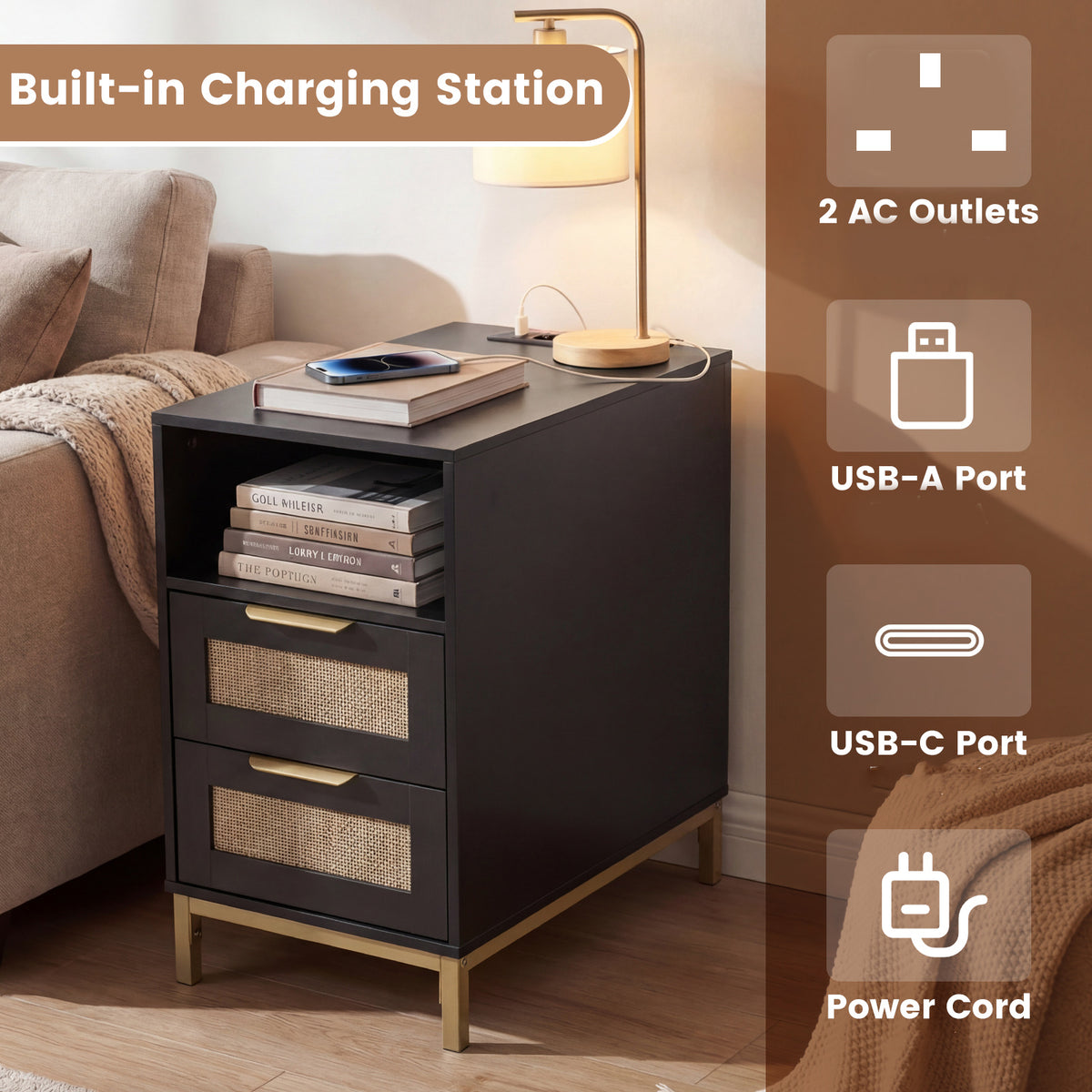 Narrow End Table with Charging Station and 2 Drawers for Bedroom-Black