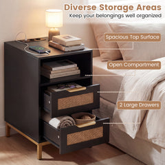 Narrow End Table with Charging Station and 2 Drawers for Bedroom-Black