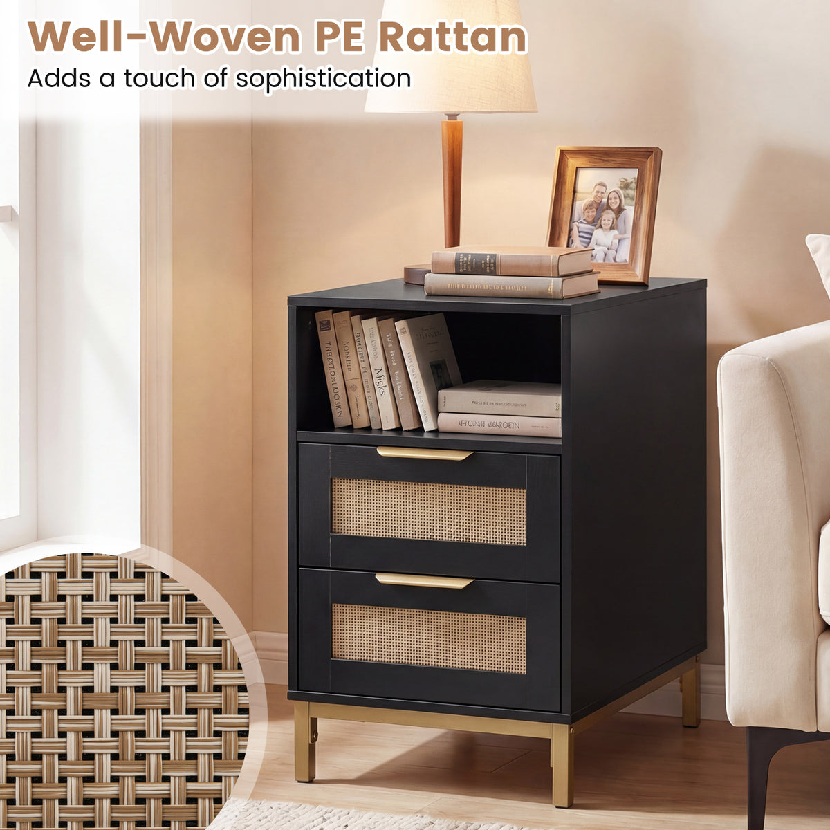 Narrow End Table with Charging Station and 2 Drawers for Bedroom-Black