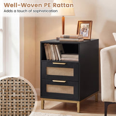 Narrow End Table with Charging Station and 2 Drawers for Bedroom-Black