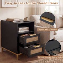 Narrow End Table with Charging Station and 2 Drawers for Bedroom-Black